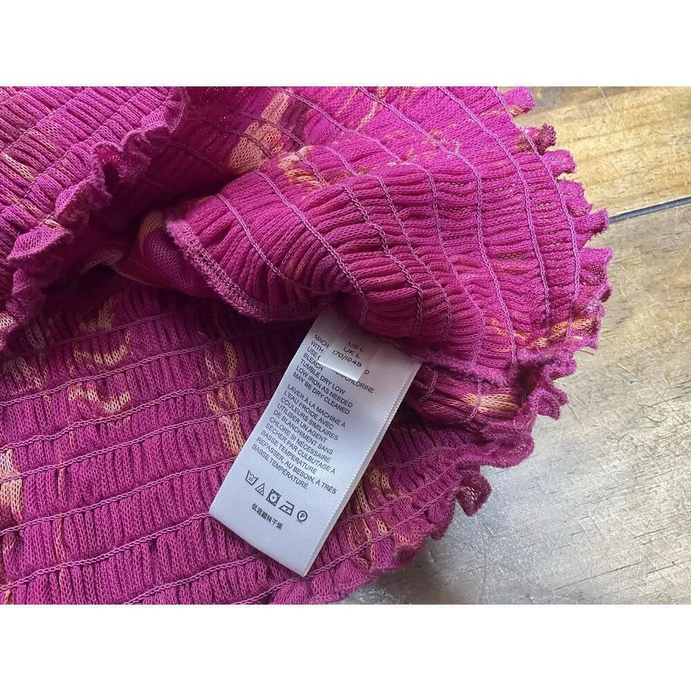 Free People Time For Shine Mesh Cropped Smocked Pink Purple Floral Blouse Top L